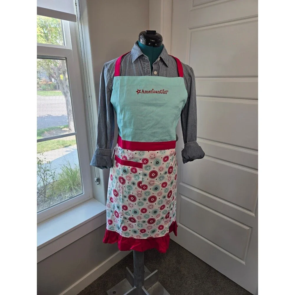 WILLIAMS SONOMA AMERICAN GIRL APRON OVEN MITT SET WOMEN OS TEAL RED KITCHEN 2015